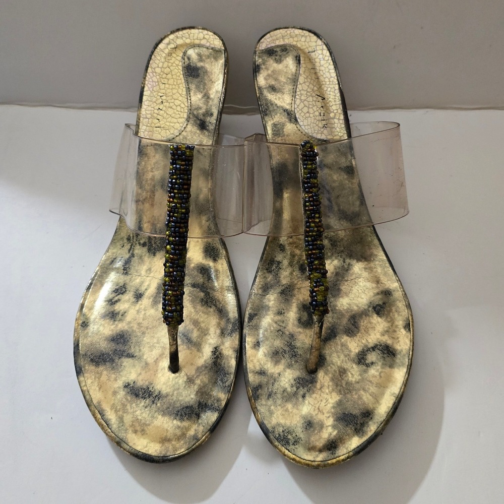 Akira Womens Gold Animal Print Beaded Clear Strap Kitten Heel Sandals Size 8.5